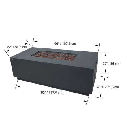 SEDONA Fire Table - Rectangular (66x32x22") - Concealed Tank Storage