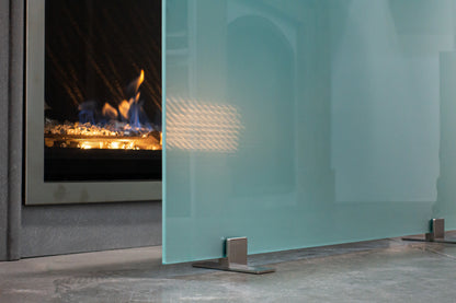 Acid Etched Modern Freestanding Glass Fireplace Screen | AMS Creations