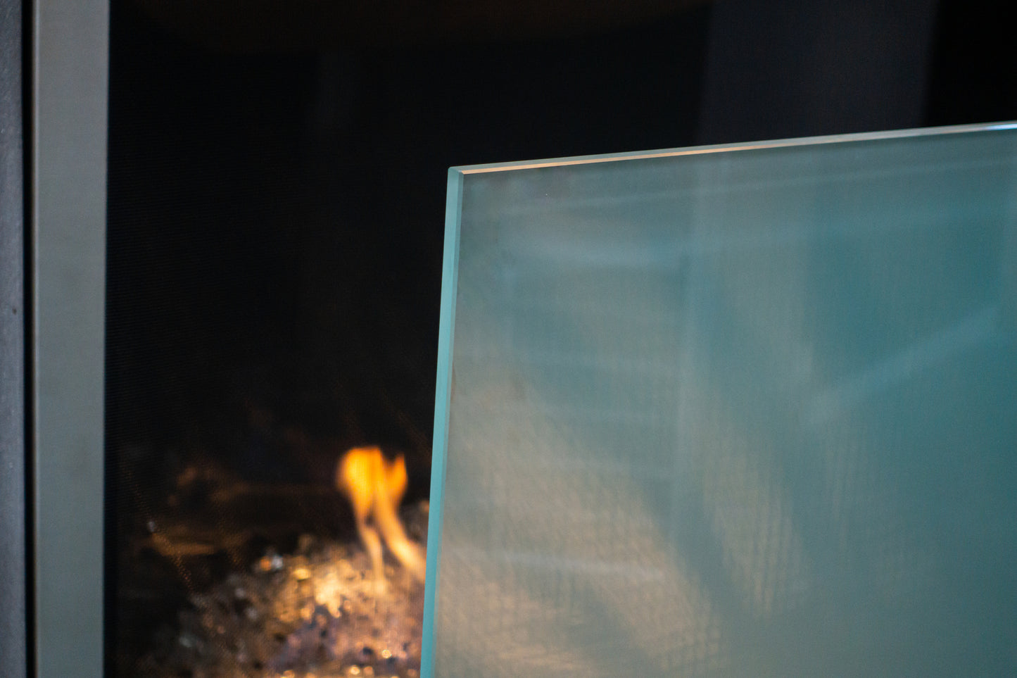 Acid Etched Modern Freestanding Glass Fireplace Screen | AMS Creations