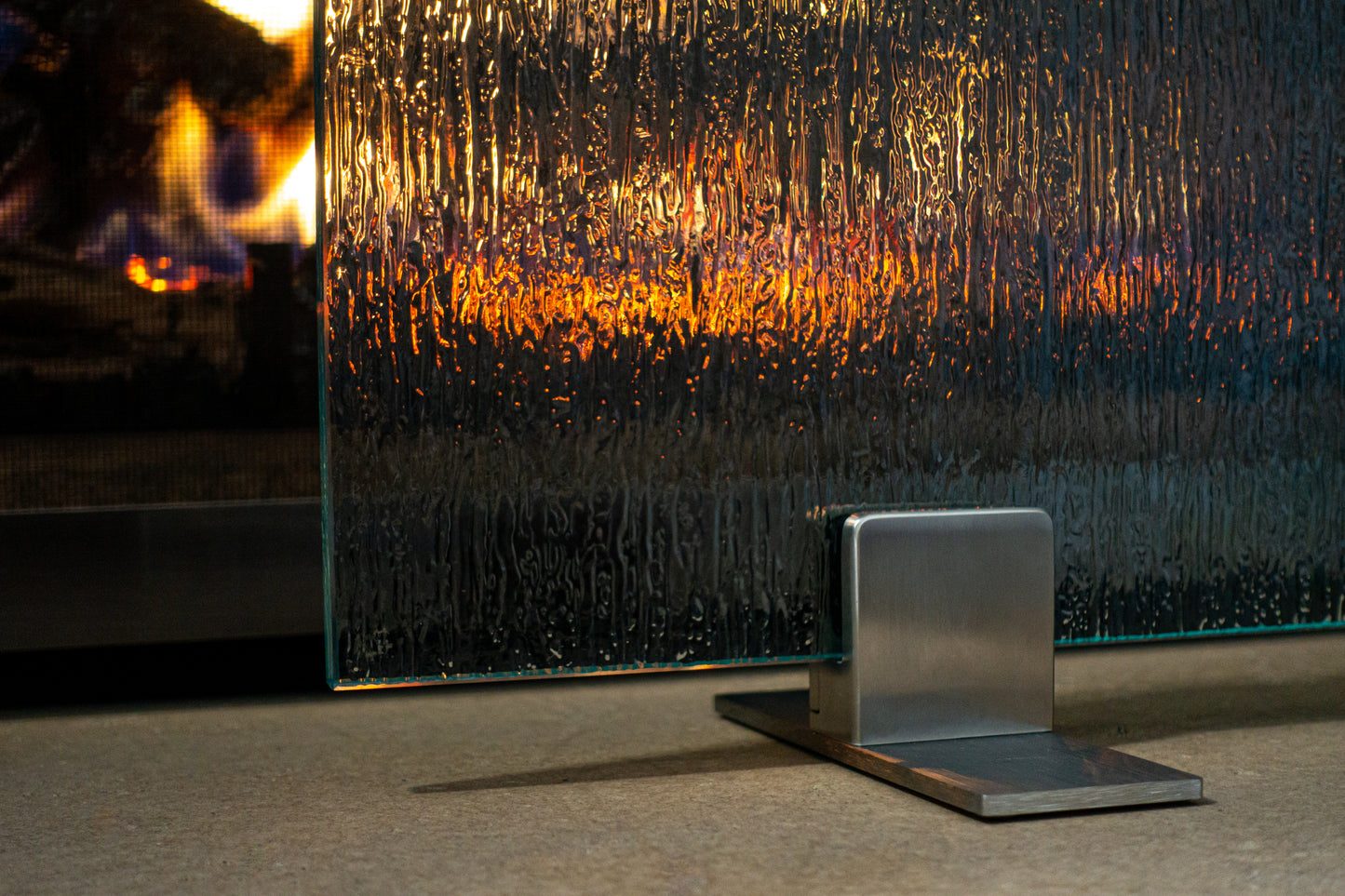 Rain Glass Freestanding Glass Fireplace Screen | AMS Creations