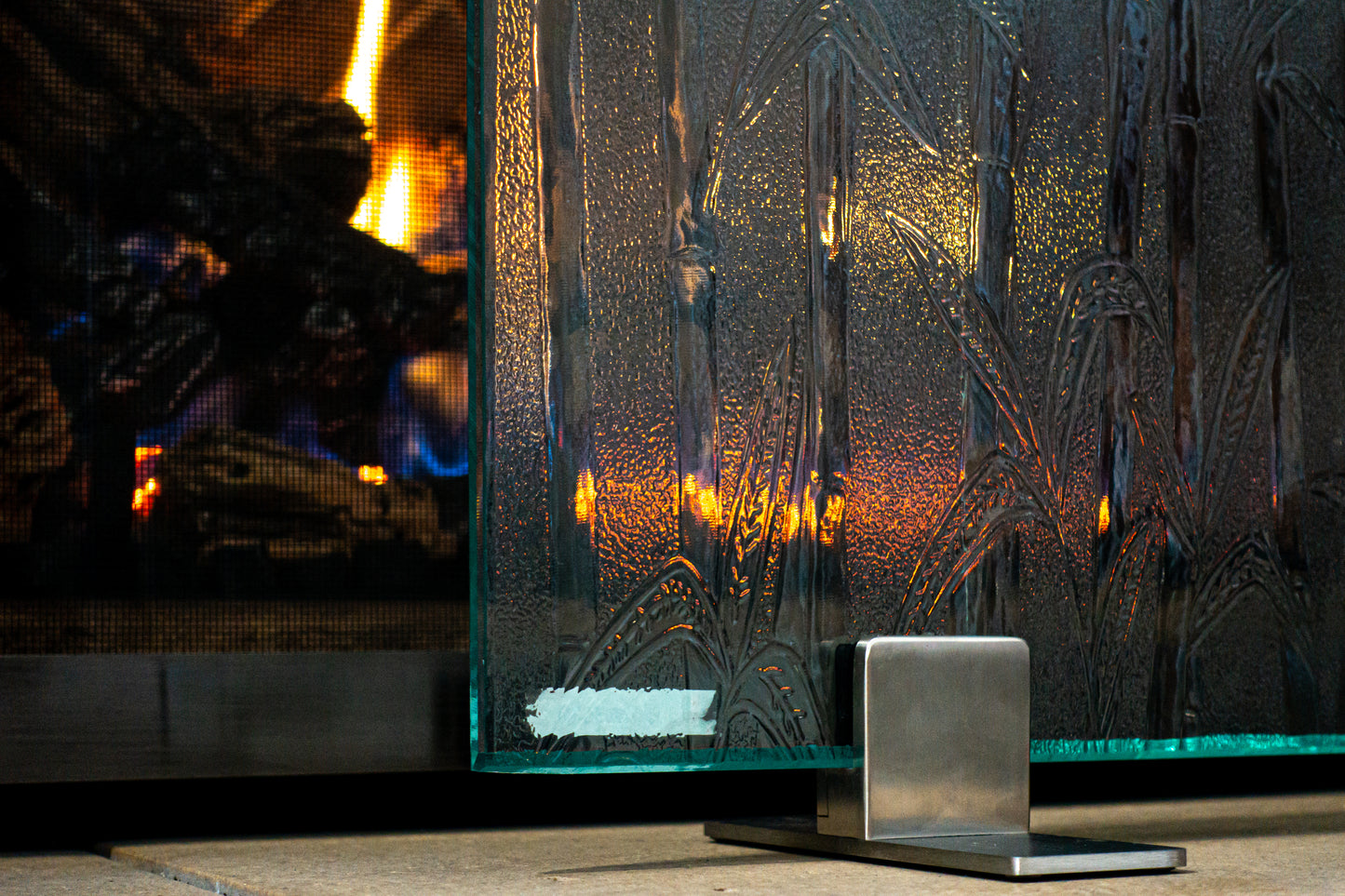 Clear Bamboo Freestanding Glass Fireplace Screen | AMS Creations